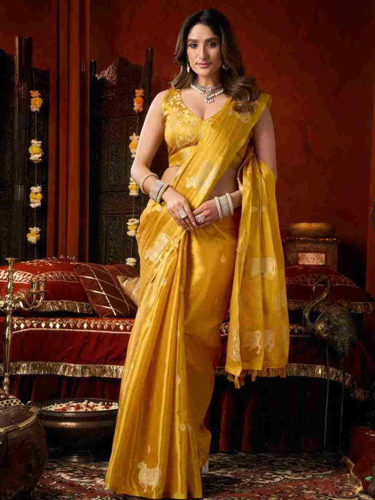 Gold Yellow Banarasi Silk Saree With Blouse Piece