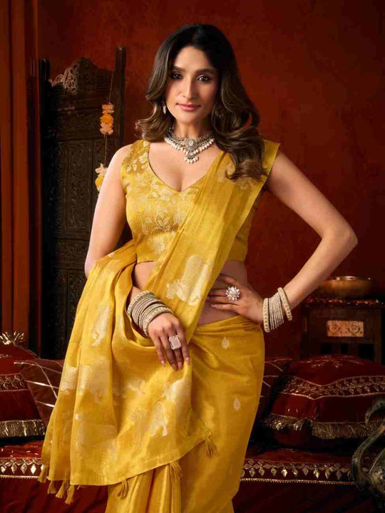 Gold Yellow Banarasi Silk Saree With Blouse Piece