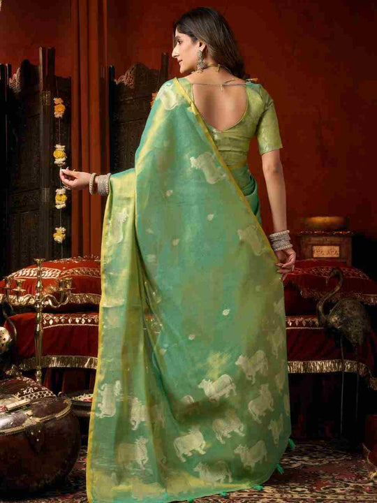 Green Banarasi Silk Saree With Blouse Piece