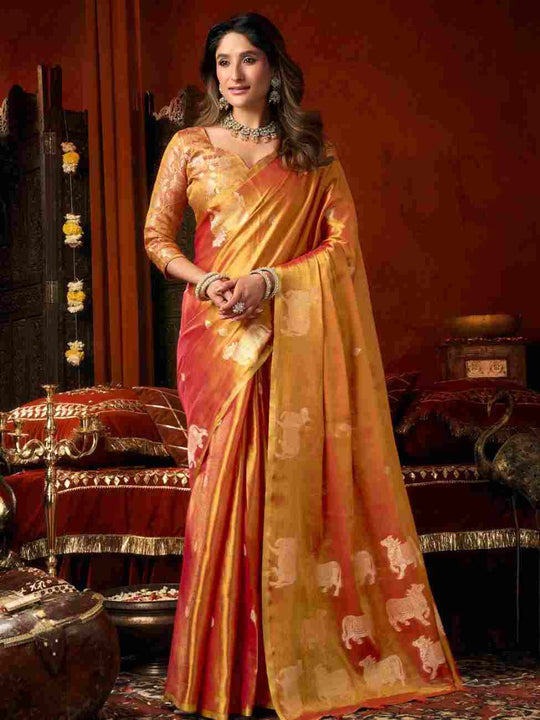Orange Banarasi Silk Saree With Blouse Piece