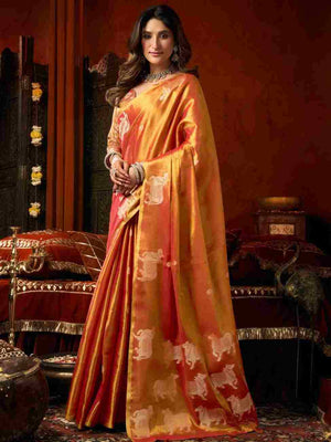Orange Banarasi Silk Saree With Blouse Piece