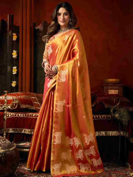 Orange Banarasi Silk Saree With Blouse Piece