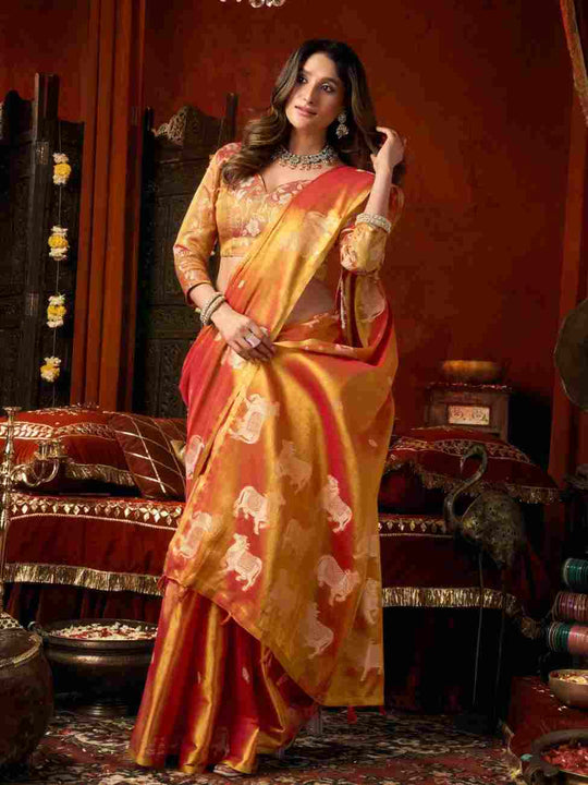 Orange Banarasi Silk Saree With Blouse Piece