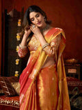 Orange Banarasi Silk Saree With Blouse Piece