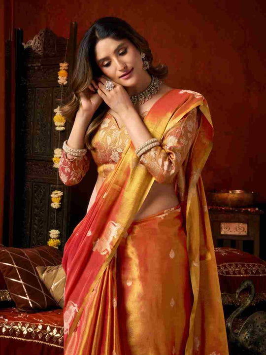 Orange Banarasi Silk Saree With Blouse Piece
