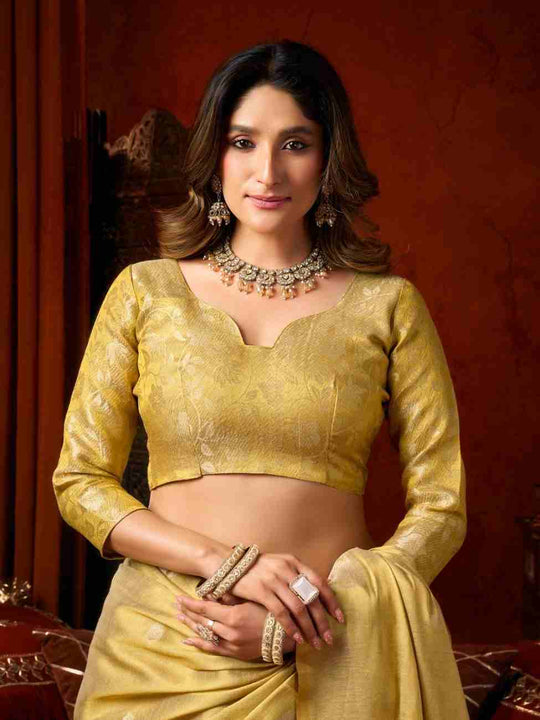 Light Yellow Banarasi Silk Saree With Blouse Piece