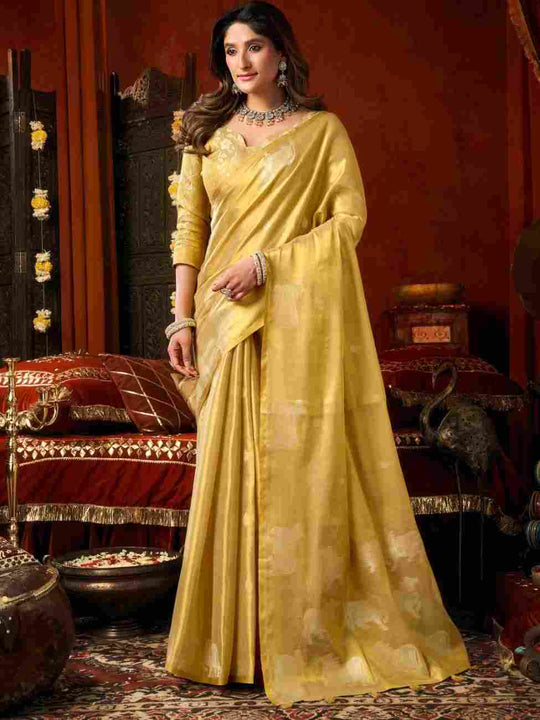 Light Yellow Banarasi Silk Saree With Blouse Piece
