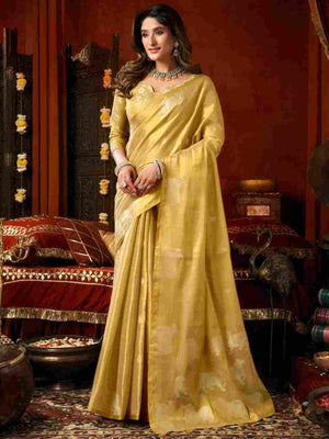 Light Yellow Banarasi Silk Saree With Blouse Piece