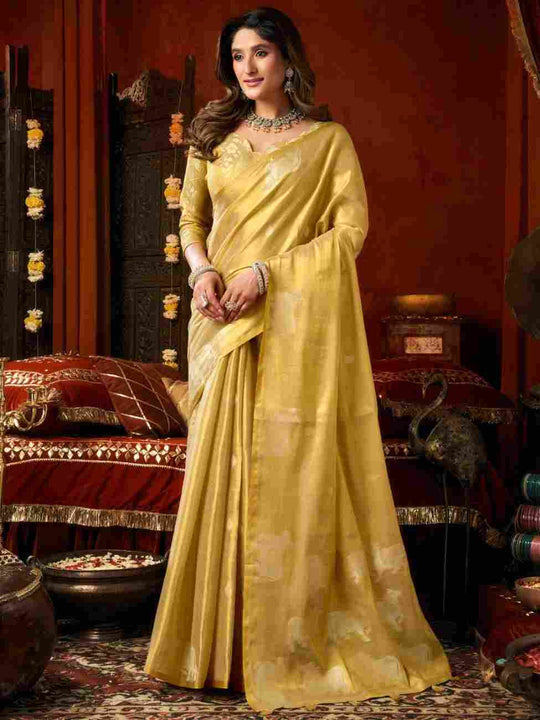 Light Yellow Banarasi Silk Saree With Blouse Piece