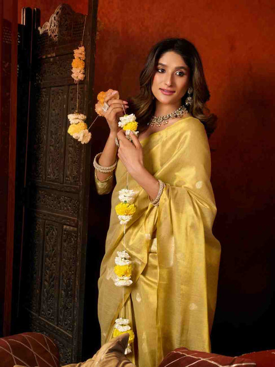 Light Yellow Banarasi Silk Saree With Blouse Piece