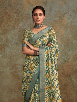 Multi Colour Handloom Silk Floral Print  With Sequence Weaving In Body With Blouse Piece