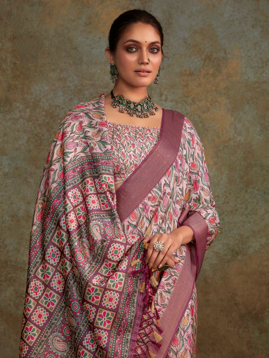 Multi Colour Handloom Silk Floral Print  With Sequence Weaving In Body With Blouse Piece