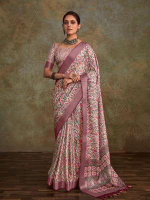 Multi Colour Handloom Silk Floral Print  With Sequence Weaving In Body With Blouse Piece