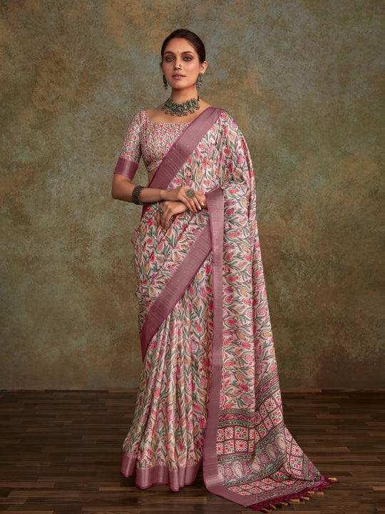 Multi Colour Handloom Silk Floral Print  With Sequence Weaving In Body With Blouse Piece