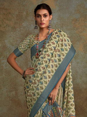 Multi Colour Handloom Silk Floral Print  With Sequence Weaving In Body With Blouse Piece