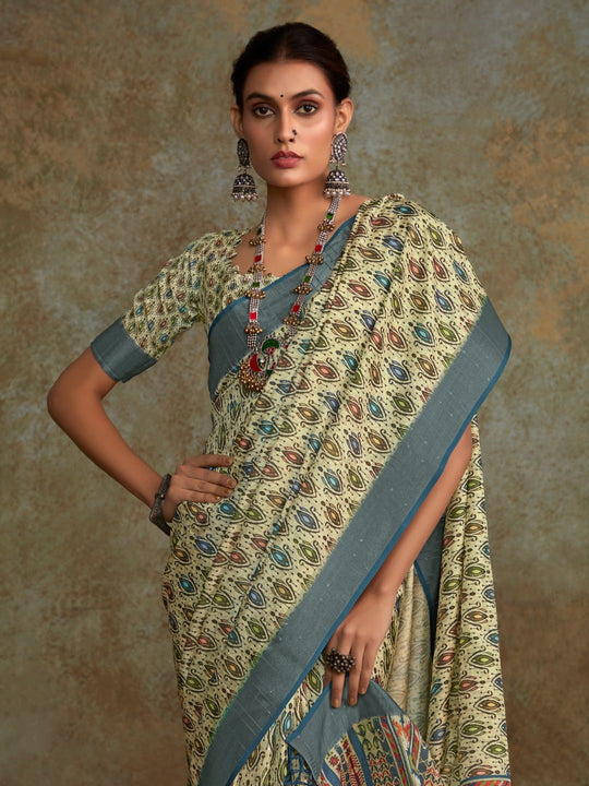 Multi Colour Handloom Silk Floral Print  With Sequence Weaving In Body With Blouse Piece