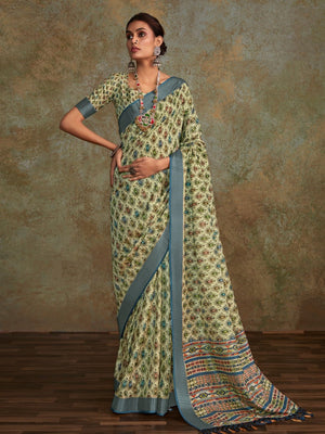 Multi Colour Handloom Silk Floral Print  With Sequence Weaving In Body With Blouse Piece