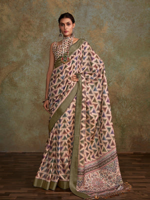 Multi Colour Handloom Silk Floral Print  With Sequence Weaving In Body With Blouse Piece