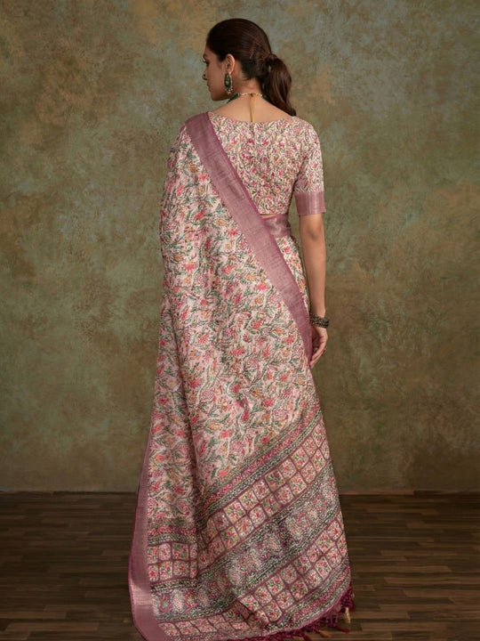 Multi Colour Handloom Silk Floral Print  With Sequence Weaving In Body With Blouse Piece