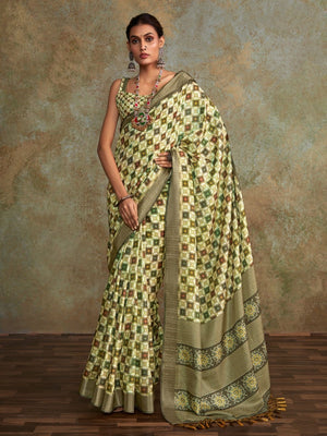 Multi Colour Handloom Silk Floral Print  With Sequence Weaving In Body With Blouse Piece