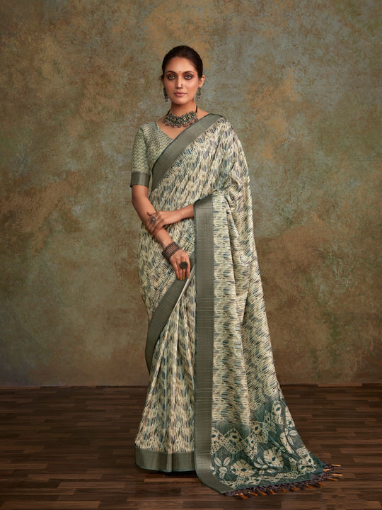 Multi Colour Handloom Silk Floral Print  With Sequence Weaving In Body With Blouse Piece