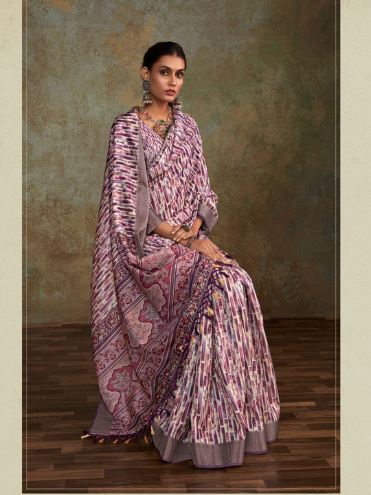 Multi Colour Handloom Silk Floral Print  With Sequence Weaving In Body With Blouse Piece