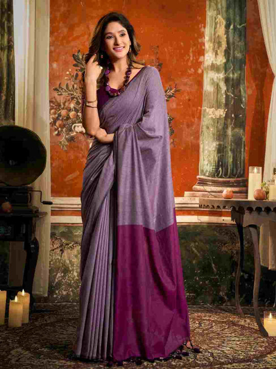 Lavender & Mauve Cotton Saree With Blouse Piece