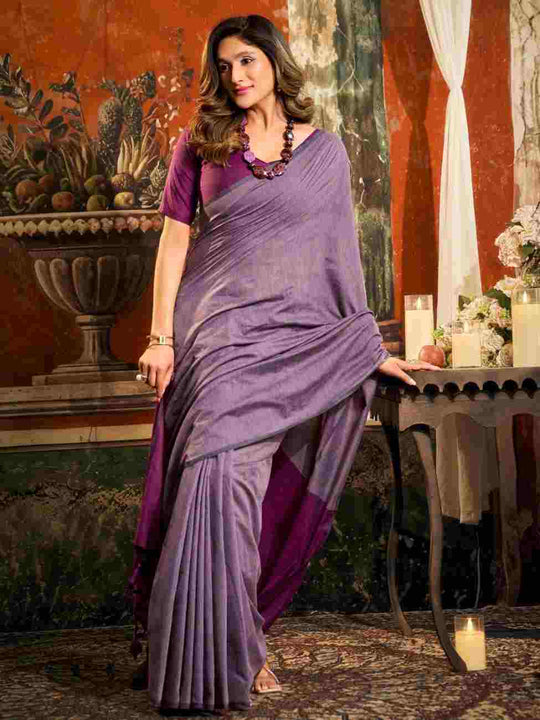Lavender & Mauve Cotton Saree With Blouse Piece