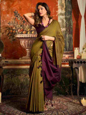 Mehendi Cotton Saree With Blouse Piece