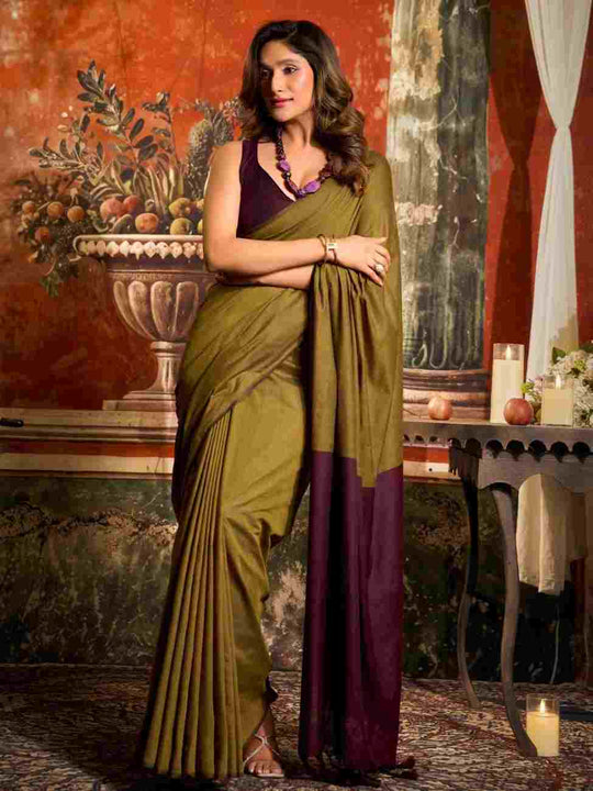 Mehendi Cotton Saree With Blouse Piece