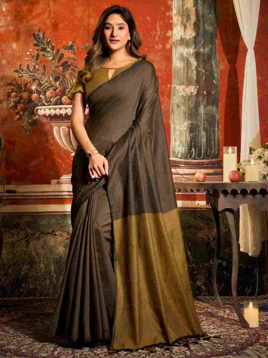 Dark Brown Cotton Saree With Blouse Piece