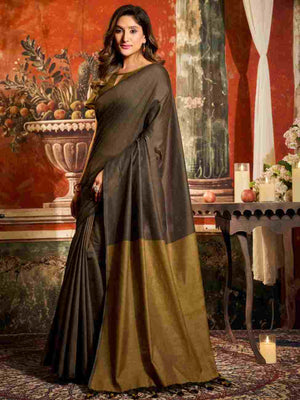 Dark Brown Cotton Saree With Blouse Piece