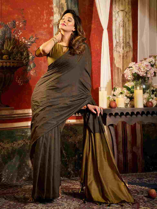 Dark Brown Cotton Saree With Blouse Piece