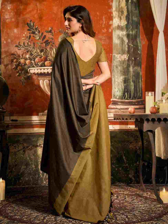 Dark Brown Cotton Saree With Blouse Piece