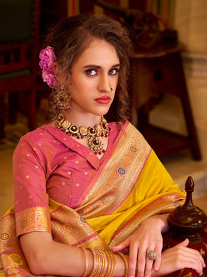 Yellow Soft Silk Handloom Weaving Saree Border With Gold Zari Silk