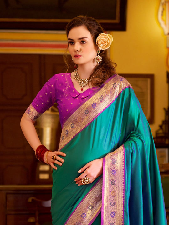 Teal Green Soft Silk Handloom Weaving Saree Border With Gold Zari Silk