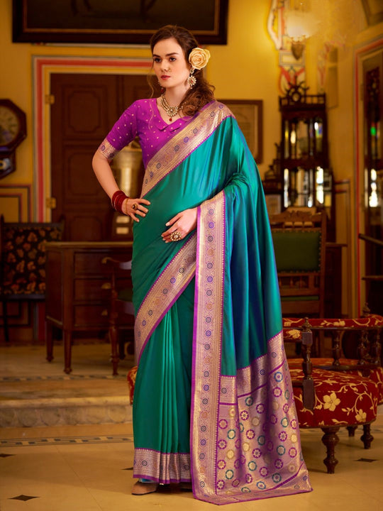 Teal Green Soft Silk Handloom Weaving Saree Border With Gold Zari Silk