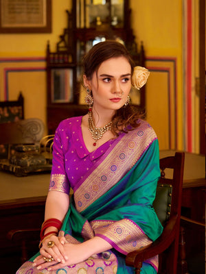 Teal Green Soft Silk Handloom Weaving Saree Border With Gold Zari Silk