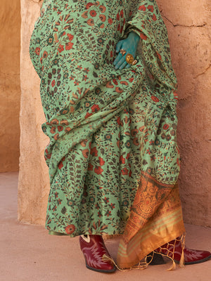 Green Printed Zari Tissue Saree With Blouse Piece