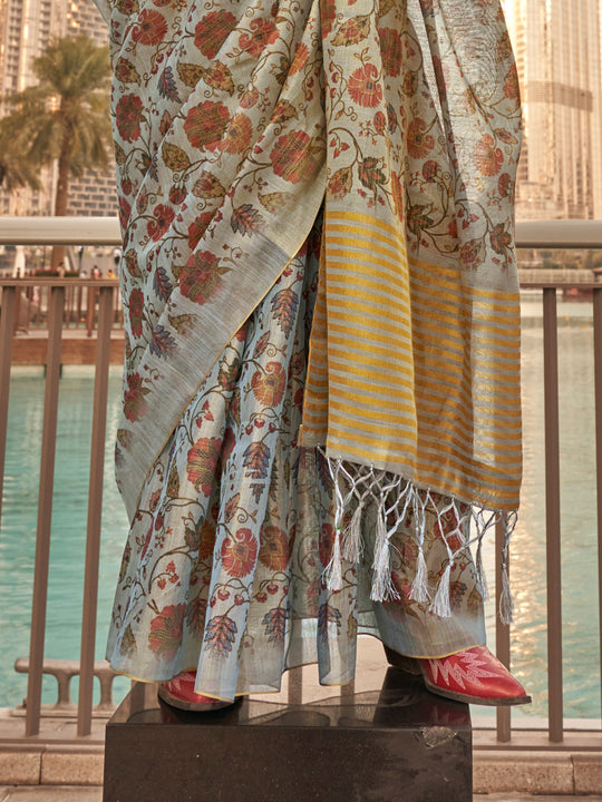 Grey Printed Zari Tissue Saree With Blouse Piece