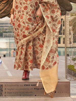 Tan Printed Zari Tissue Saree With Blouse Piece