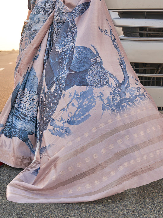 Lavender Printed Tussar Silk Saree With Blouse Piece