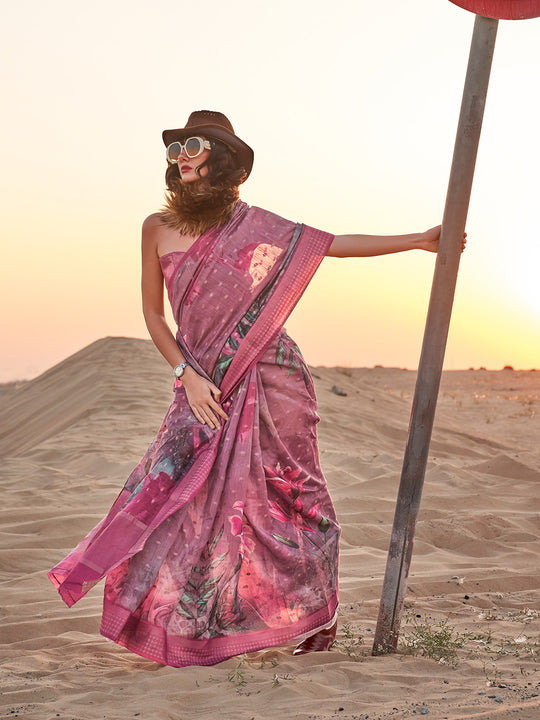 Pink Printed Linen Blend Saree With Blouse Piece