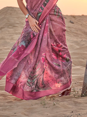 Pink Printed Linen Blend Saree With Blouse Piece