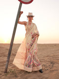 Yellow Printed Linen Blend Saree With Blouse Piece
