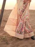 Yellow Printed Linen Blend Saree With Blouse Piece