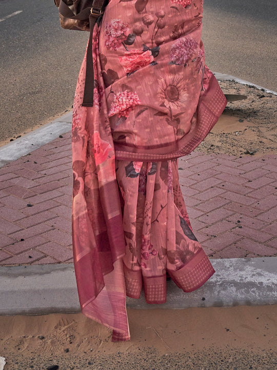 Pink Printed Linen Blend Saree With Blouse Piece