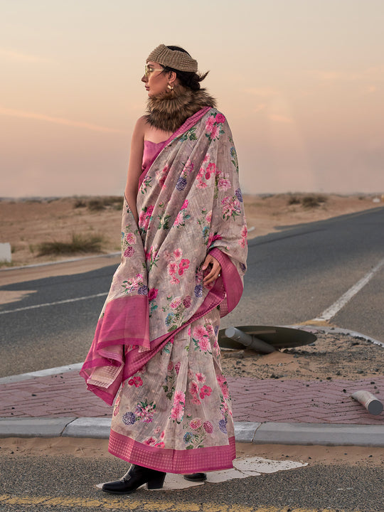 Grey Printed Linen Blend Saree With Blouse Piece