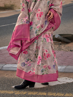 Grey Printed Linen Blend Saree With Blouse Piece