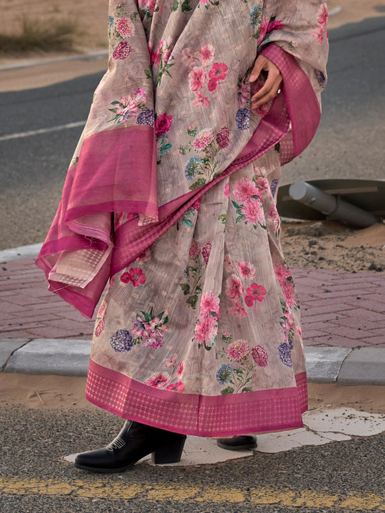 Grey Printed Linen Blend Saree With Blouse Piece